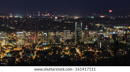 View of Portland Oregon, USA from Pittock Mansion during a Fireworks Show.