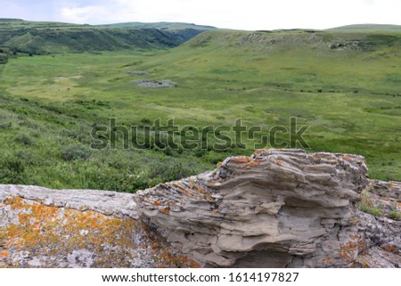 A beautiful outdoor nature landscape image of a lichen covered rock outcropping overlooking a large valley of lush green grass. Photo taken on a summer day in the Foothills of the Rocky Mountains.