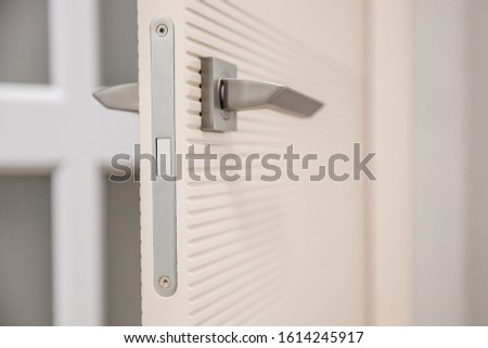 Metal doors knob handle with magnetic lock on modern interior.