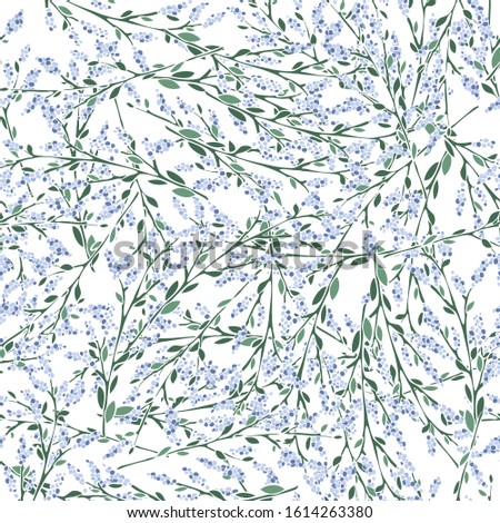 Seamless pattern with blue small flowers on a white background. Tender vector texture. Textiles, wrapping paper, backgrounds, cover.