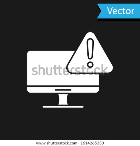 White Computer monitor with exclamation mark icon isolated on black background. Alert message smartphone notification.  Vector Illustration