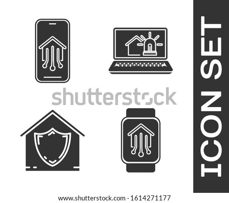 Set Smart home with smart watch, Mobile phone with smart home, House under protection and Laptop with smart house and alarm icon. Vector