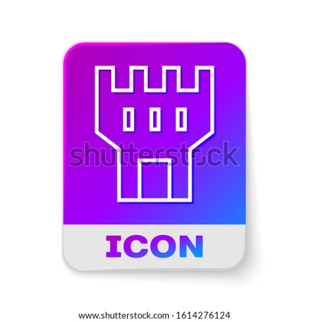 White line Castle tower icon isolated on white background. Fortress sign. Rectangle color button. Vector Illustration