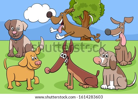 Cartoon Illustration of Dogs and Puppies Pet Animal Comic Characters Group in the Park