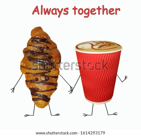 The paper cup of coffee and the butter croissant hold hands. Always together. White background. Isolated.