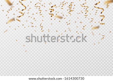 Realistic gold confetti, party banner, birthday card, gold ribbon, vector