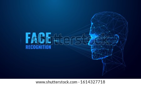 Face recognition low poly wireframe banner vector template. Futuristic computer technology, smart identification system poster polygonal design. Facial scan 3d mesh art with connected dots Royalty-Free Stock Photo #1614327718