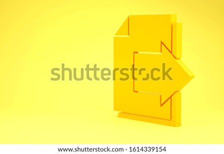 Yellow Next page arrow icon isolated on yellow background. Document file with arrow. Send document. Minimalism concept. 3d illustration 3D render