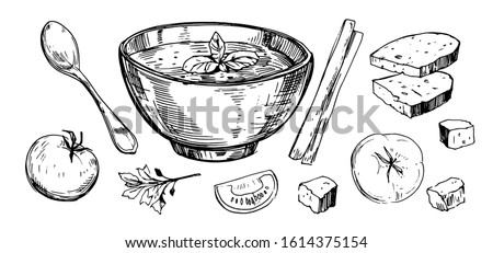 Vegetable soup. Hand drawn illustration converted to vector Royalty-Free Stock Photo #1614375154