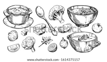 Vegetable soup. Hand drawn illustration converted to vector Royalty-Free Stock Photo #1614375157