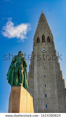 Leifur Eriksson Statue Hallgrimskirkja Large Lutheran Church Reykjavik Iceland. Tallest structure in Iceland. Statue given to Iceland by USA in 1930 by Alexander Stirling Calder sculptor.