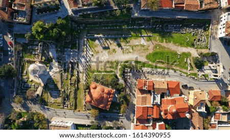 Aerial drone photo of famous ancient Roman Forum in the heart of historic Athens, Attica, Greece