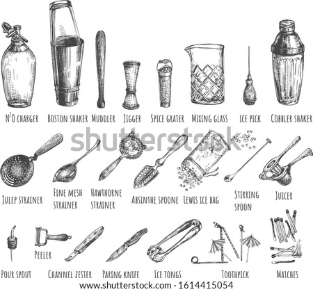 Vector illustration of bar barman instruments and tools set. N2O charger, shaker, muddler, jigger, grater, mixing glass, ice pick, spoon, juicer, peeler, knife, matches. Vintage hand drawn style. Royalty-Free Stock Photo #1614415054