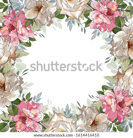 Cute floral frame of cream and pink flowers roses and green leaves on white background. Copy space. Hand drawn. For valentines day greeting card design, wedding invitation. Vector illustration.