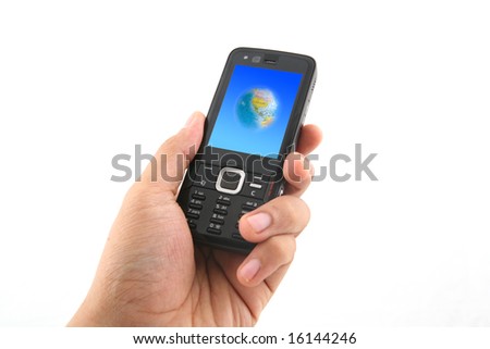 A man's hand holding a latest release mobile phone with a globe picture on its screen. Shot over white background