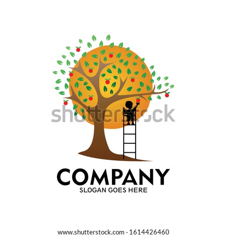 illustration of a child picking fruit from a tree by climbing a ladder, child logo picking fruit