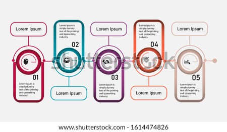 Business data visualization, infographics. Scheme of the process of elements with the help of graphics, diagrams with five stages, numbers, icons, text, variants, parts. Business vector for presentati