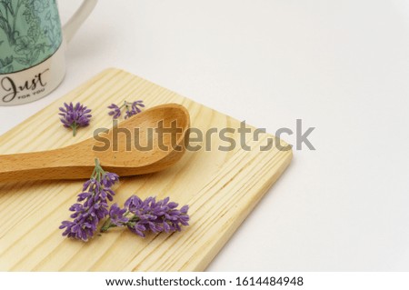Empty spoon, cutting board, glass, top view, background, template, food display montage, free space for text