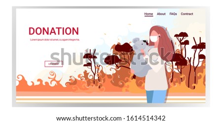 woman in mask holding koala bear forest fires animals dying in wildfire bushfire natural disaster pray for Australia donation concept intense orange flames horizontal portrait copy space vector