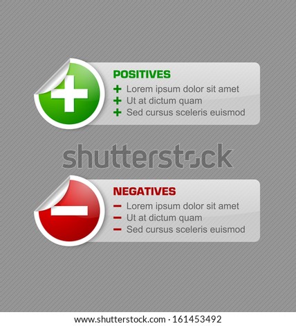 Positives and negatives stickers with semi transparent banners isolated on grey background