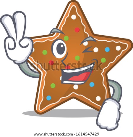 Smiley mascot of gingerbread star cartoon Character with two fingers