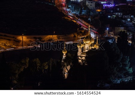 Long exposure night photo of Church of Mary Magdalene from the top of Mount of Olives, Jerusalem, Israel