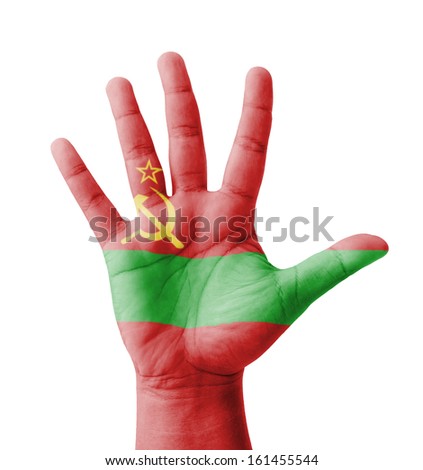 Open hand raised, multi purpose concept, Transnistria flag painted - isolated on white background