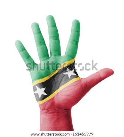 Open hand raised, multi purpose concept, Saint Kitts and Nevis flag painted - isolated on white background