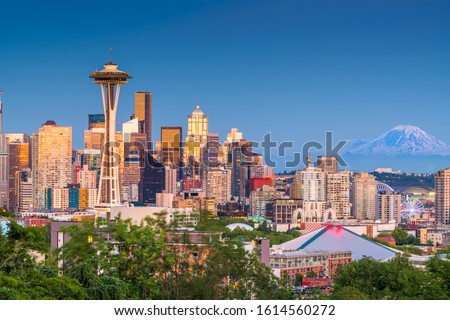 Seattle, Washington, USA downtown city skyline at dusk.