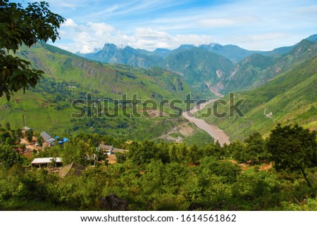 Jinsha River. Taken in the way from Lijiang, Yunnan to Panzhihua, Sichuan, China. The jinsha river is upriver of Yangtse river. Royalty-Free Stock Photo #1614561862