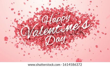 Happy Valentine's Day word text on pink rose petals confetti background