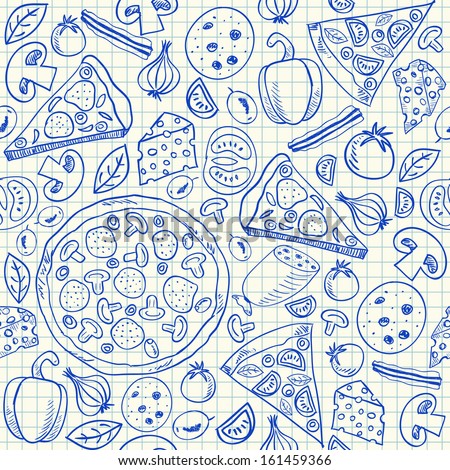 Illustration of pizza doodles, seamless pattern on squared paper. pizza sketch. vector food draw. seamless cheese pizza drawing. tasty pizza with tomato, salami, cheese, olive and bacon.