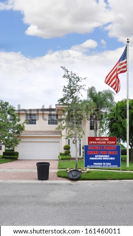 Welcome Open House Real Estate For Sale Sign American Flag Trash Can Suburban Home Residential Neighborhood Blue Sky Clouds USA