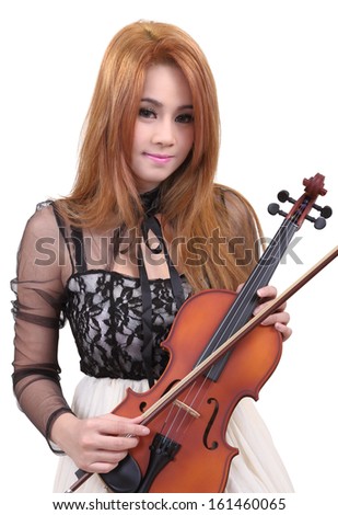 Image of asian woman play her violin on white background