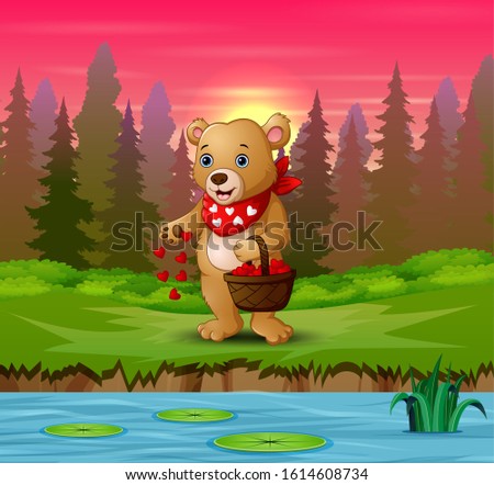 Cartoon bear with a basket of red heart on riverside
