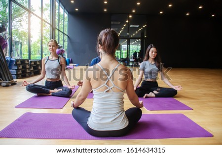 Young sporty women and a group of sporty people practicing yoga lesson, sitting in Sukhasana exercise, doing Easy Seat pose,rear view at the female teacher, Healthy concept