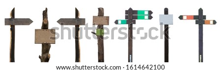 Set of signs on a wooden pole, isolate on a white background.
