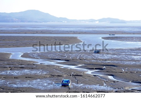 skyblue colored mudflats in the ganghwado island of korea republic. rocks and sand images of the dongmak beach of korea republic.
