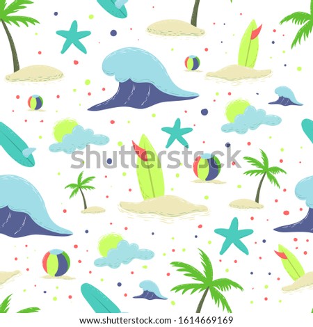 beach, wave, island, ball, summer seamless pattern. vector illustration