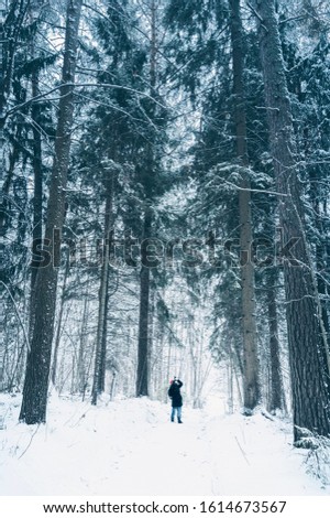Travel photographer takes pictures in snow forest. Vertical layout