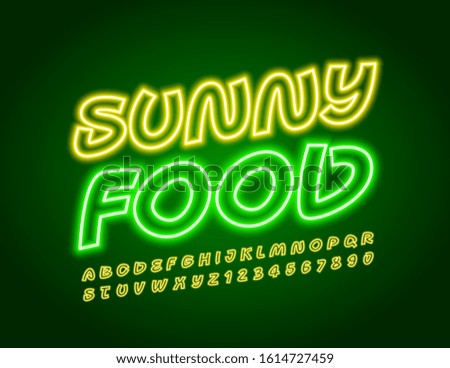 Vector colorful Banner Sunny Food. Neon modern Alphabet Letters and Numbers. Bright Yellow Font.
