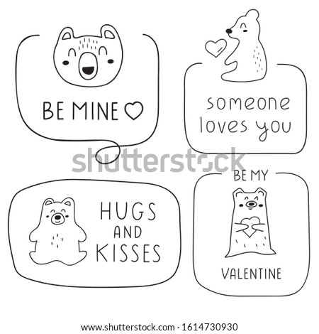 Hand drawn badges with cute bears. Happy Valentine's Day concept. Vector illustrations for greeting card, stickers, t shirt, posters design.