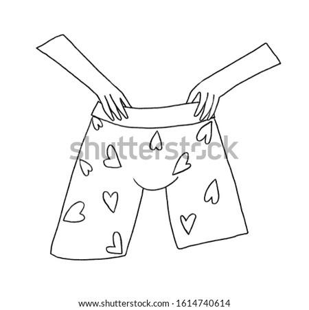 Hands holding male briefs with hearts. Hand drawn illustration.