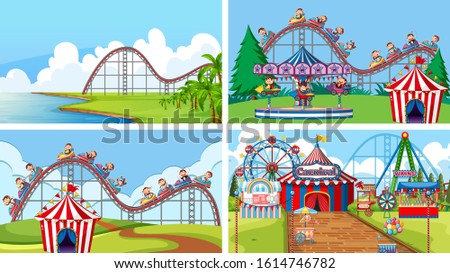 Four scenes with many rides in the fun fair illustration