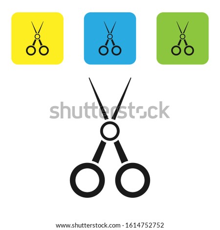Black Scissors hairdresser icon isolated on white background. Hairdresser, fashion salon and barber sign. Barbershop symbol. Set icons colorful square buttons. Vector Illustration