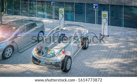 generic electric car with battery visible x-ray charging at public charger in city parking lot with lens flare 3d render Royalty-Free Stock Photo #1614773872