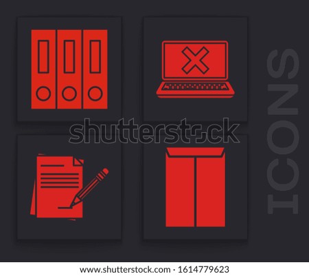 Set Envelope, Office folders with papers and documents, Laptop and cross mark on screen and Blank notebook and pencil with eraser icon. Vector