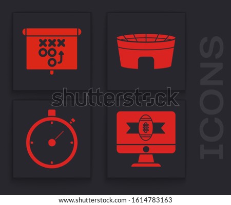 Set American football on tv program, Planning strategy concept, Football stadium and Stopwatch icon. Vector