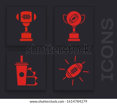 Set American Football ball, Award cup and American football ball, Award cup and American football ball and American Football ticket and paper glass soda with drinking straw icon. Vector