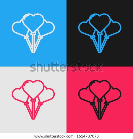 Color line Balloons in form of heart with ribbon icon isolated on color background. Vintage style drawing. Vector Illustration